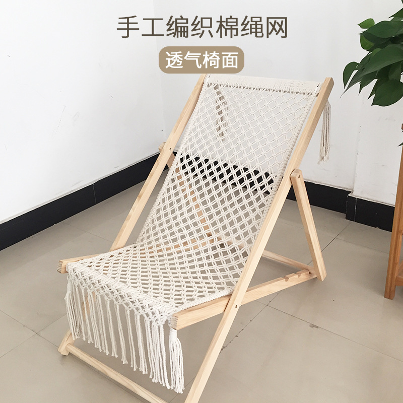 Outdoor camping folding chair, hand-woven cotton rope, European pine wood lounge chair, detachable and washable, living room, midday rest with tassels details Picture