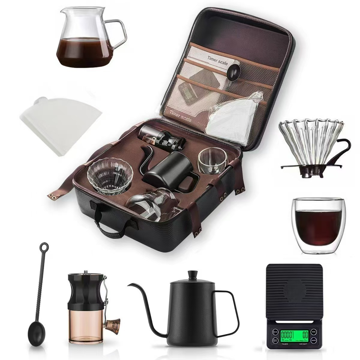 Hand-brewed coffee pot set, coffee gift box, outdoor hand-brewed coffee pot set, complete hand-ground coffee machine gift box set