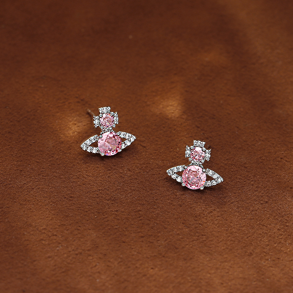 高版本西太后S925银针lsmene经典平面土星轨道满钻耳钉耳环耳饰品