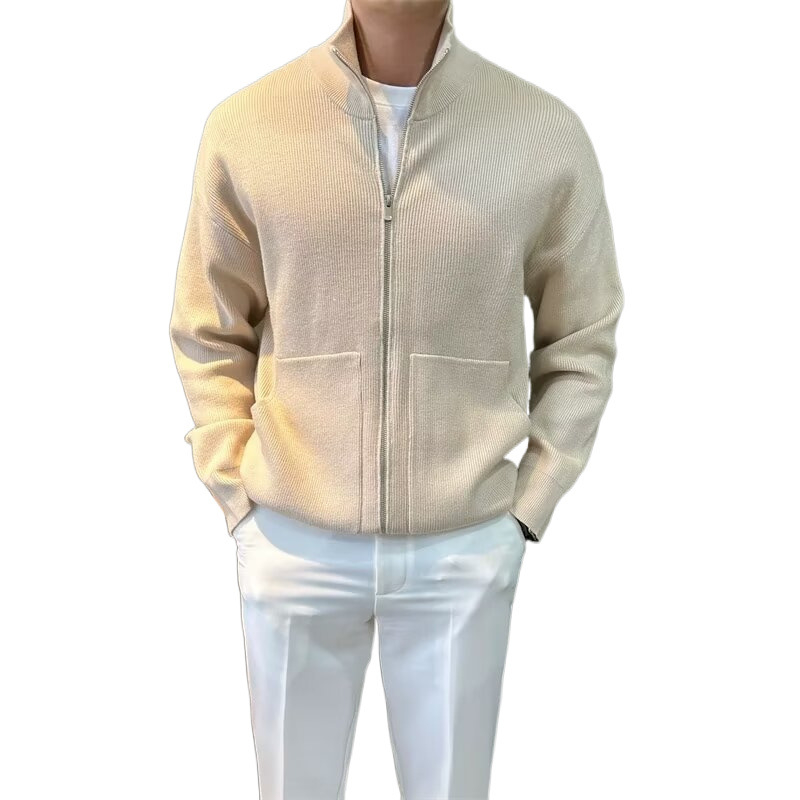 轻奢立领针织开衫外套男士春秋新款简约拉链纯色长袖毛衣男士上衣白底实物图