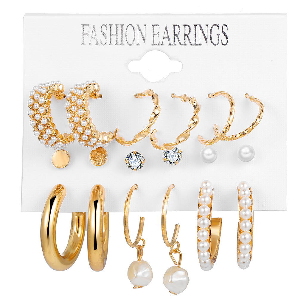 A new 6-piece set of creative French retro gold earrings with pearl-like inlays for cross-border women from Europe and America Item Picture