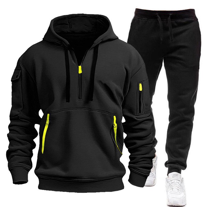 New spring and autumn men's hoodie set, hoodie with zipper and multi-pocket pullover, sporty and casual hoodie set