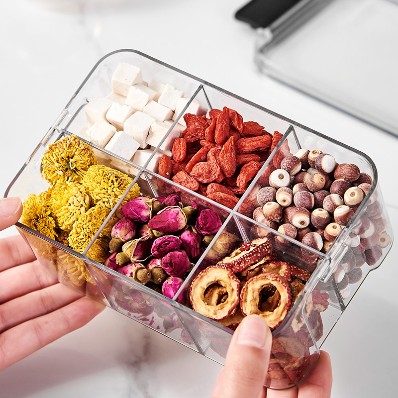 Compartment-sealed jar flower tea storage box, food-grade grain storage jar, dry goods square transparent storage jar with lid details Picture