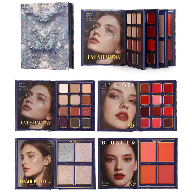 OEM/ODM factory high-quality small-batch customized four-page book-style eyeshadow palette, waterproof multi-effect makeup set, lipstick, high-gloss blush details Picture