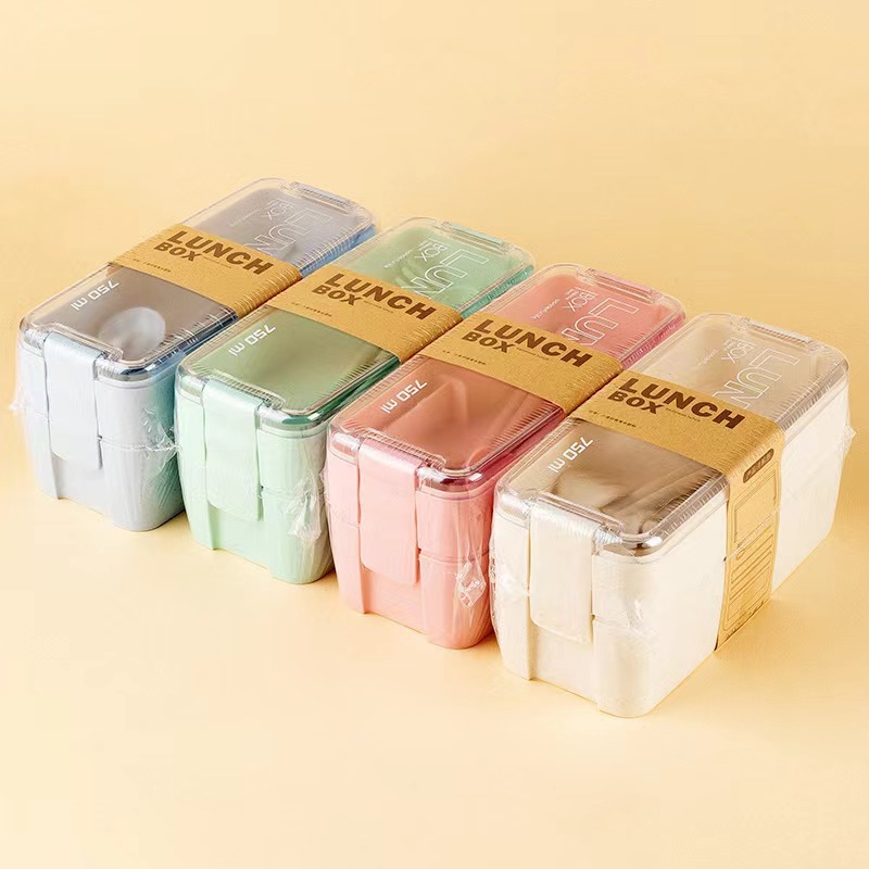 Japanese-style double-layer lunch box with tableware, large-capacity InS-style fresh-keeping box, portable lunch box, can be labeled for cross-border consignment details Picture