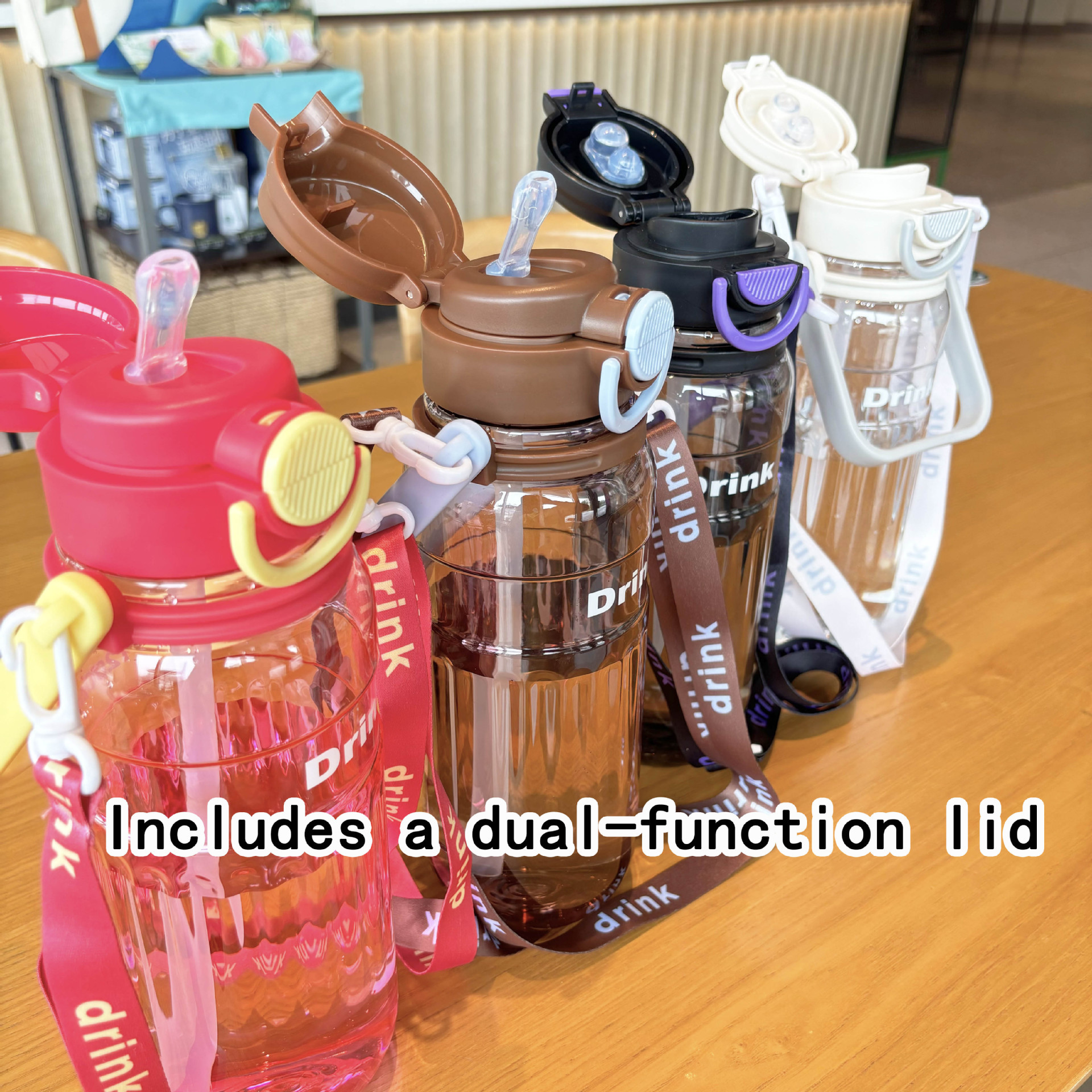 Outdoor sports and fitness 1.2L large capacity water bottle, double lid, bouncing straw cup, water bottle carrier, portable for students