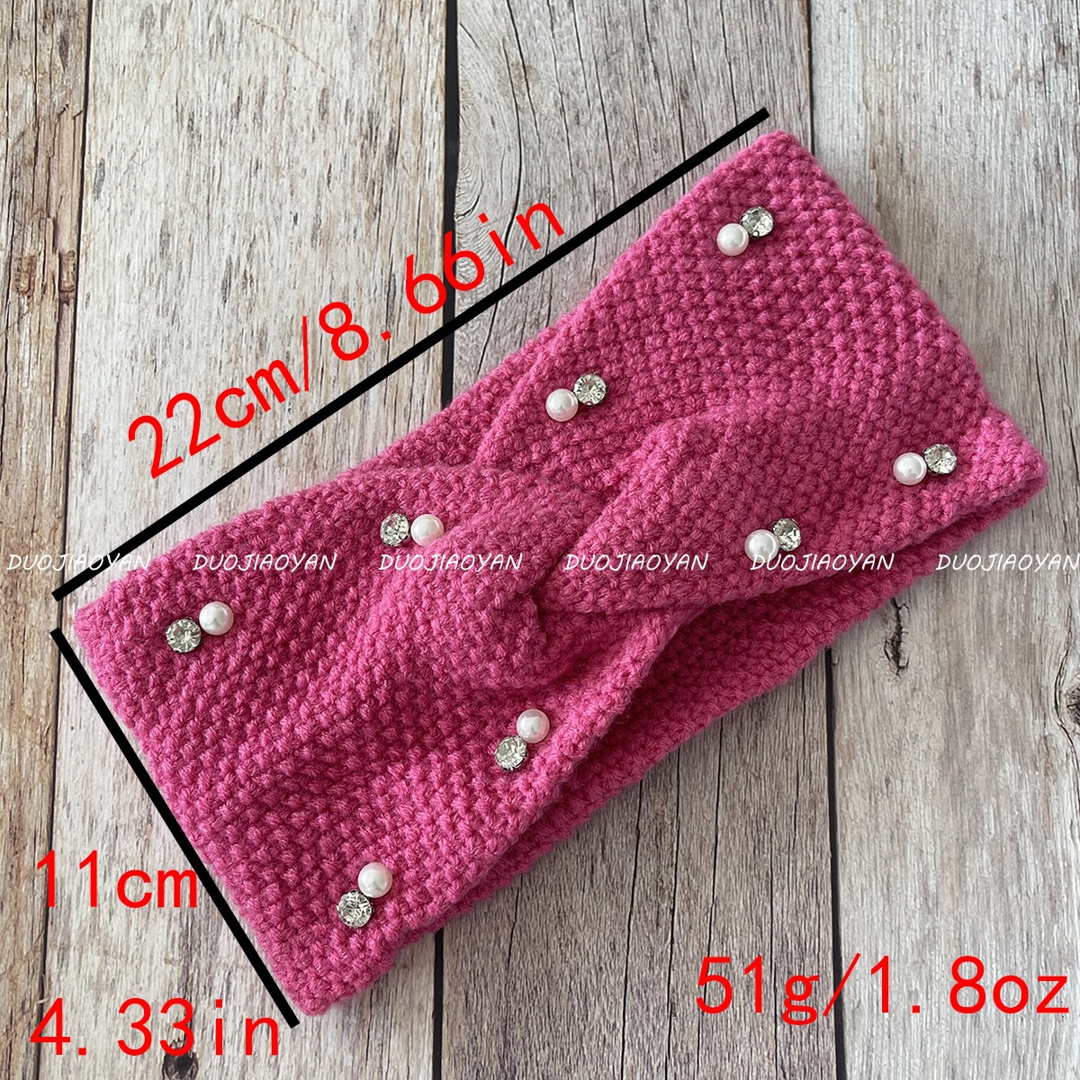 New cross-border wool beaded headband, solid color retro pearl simple headwear, wide edge elastic knitted warm headband Item Picture