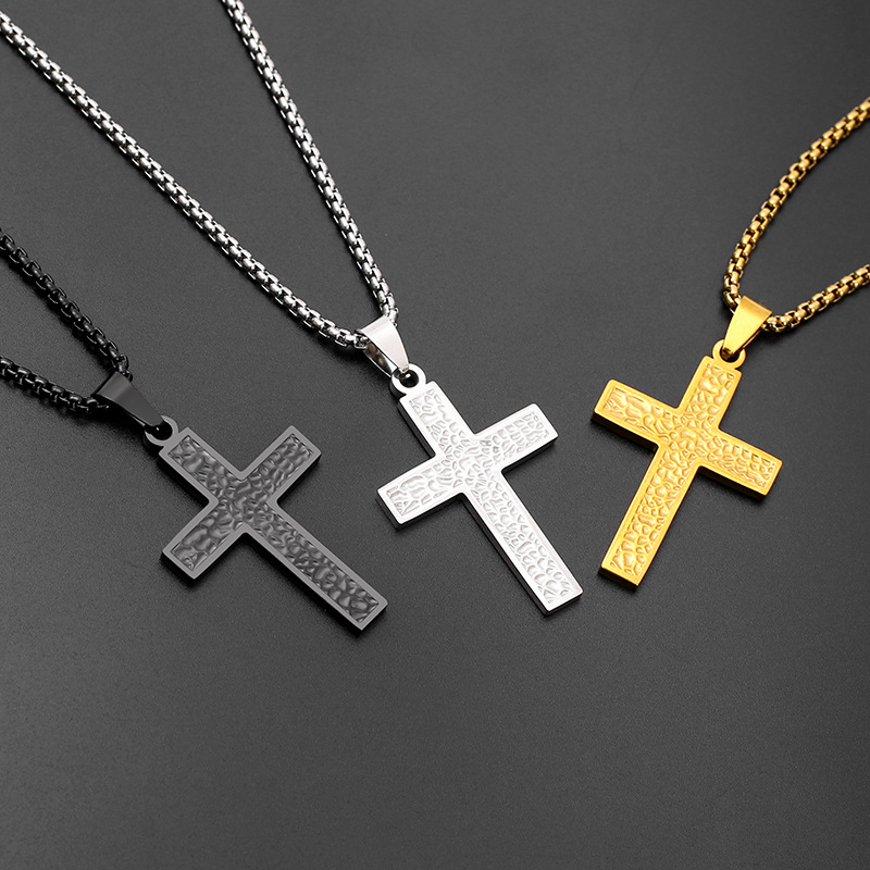New irregular hand-hammered titanium steel cross necklace from Europe and America, stainless steel pendant for men and women details Picture