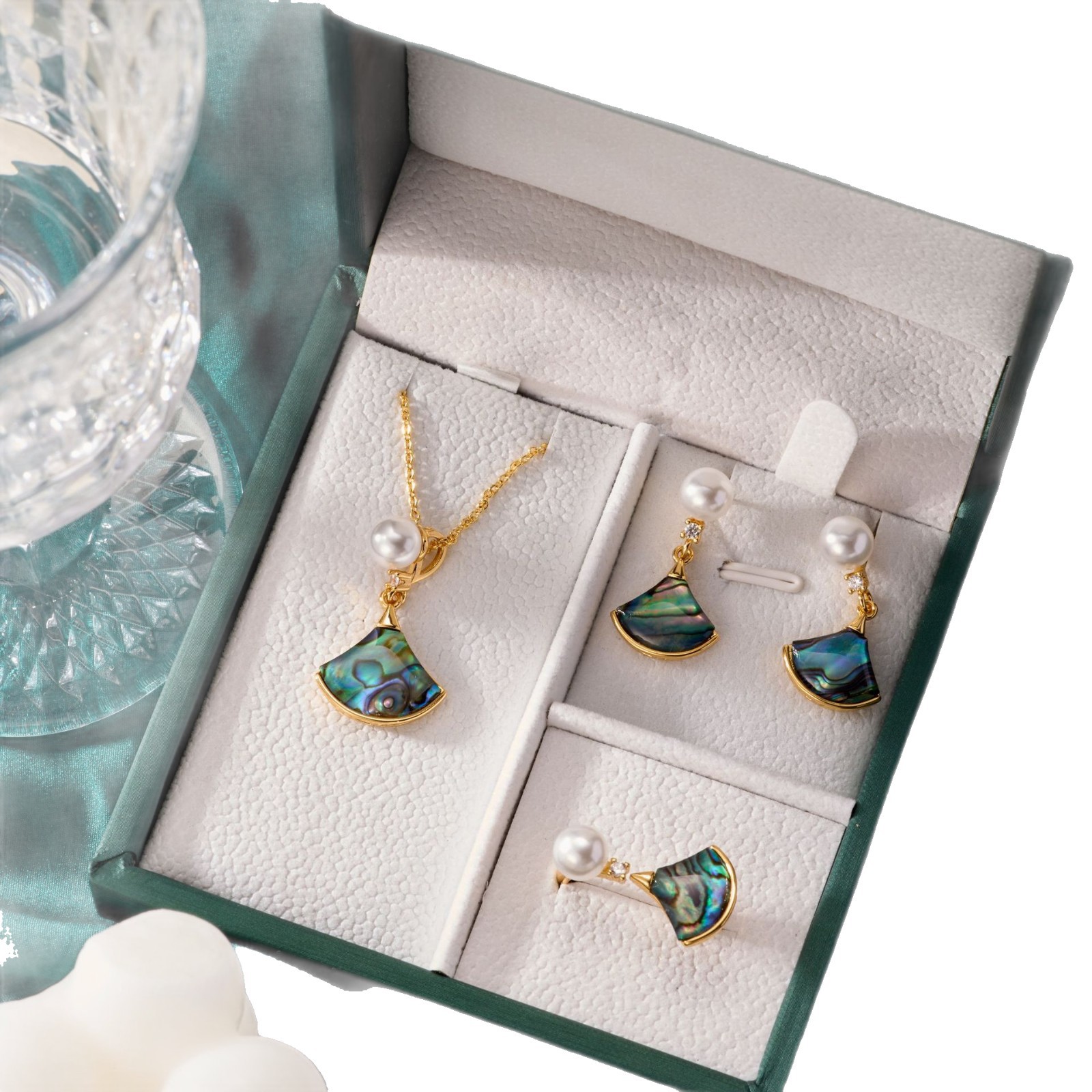 Pearl ring, earneedle pendant, three-piece set, empty stand, fan-shaped, colorful abalone and shell, high-end DIY, light luxury style jewelry Item Picture