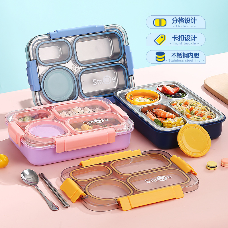 Cross-border best-selling independent sealed stainless steel 4-compartment lunch box with bowl, no cross-flavor student white-collar lunch box