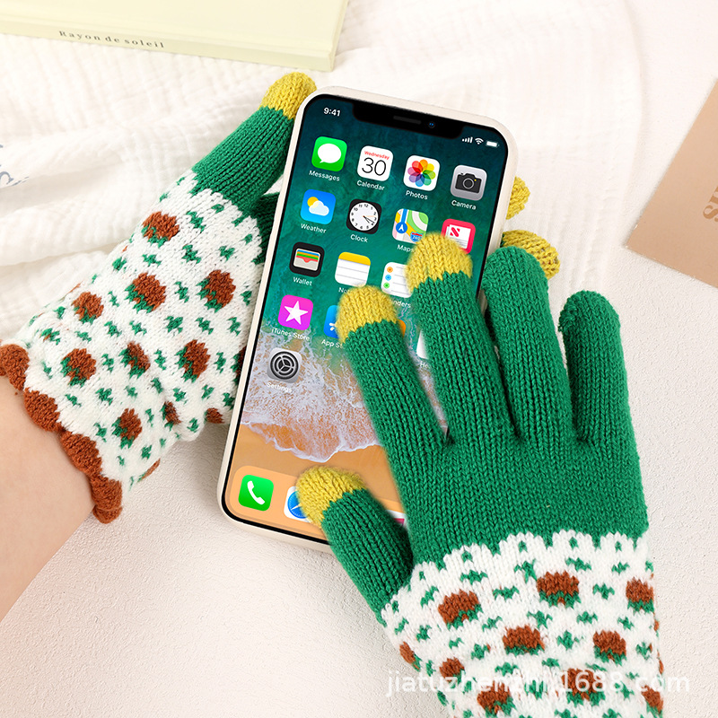 Autumn and winter gloves, warm and cute in winter, with fleece and thickening, are available for wholesale of men's and women's winter woolen knitted touch screen cycling gloves details Picture