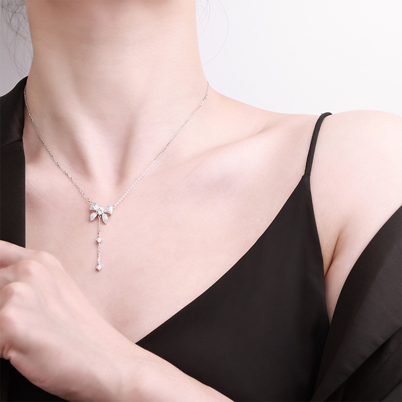 Sterling silver necklace, tassel bow necklace, accessory, high-end and elegant, ins style sweater chain, new accessory necklace