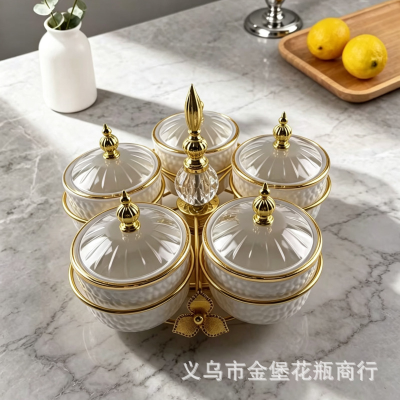 轻奢金边旋转分格果盘 六连体带盖陶瓷果碗 年货坚果糖果分装收纳 Application Scenario