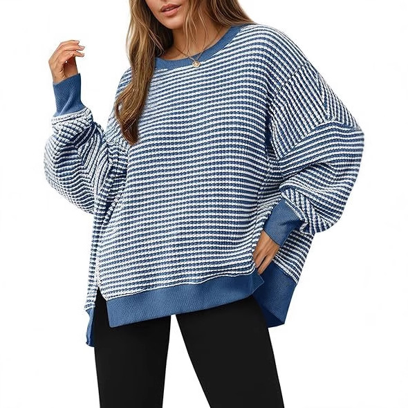 In 2025, the best-selling cross-border women's clothing on Amazon from Europe and America is a Waffle knitted long-sleeved round-neck split pullover hoodie details Picture