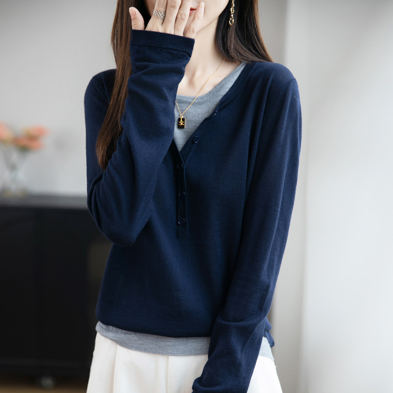Wool blend 2026 Spring new Women's loose round-neck two-piece fake pullover base knitted sweater