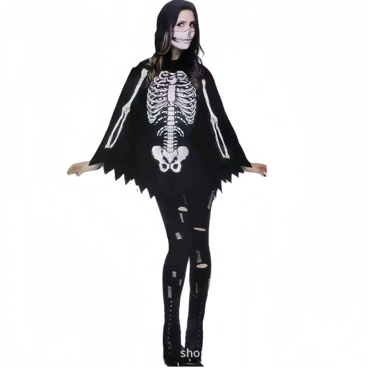 万圣节派对服装女士斗篷骷髅鬼幽灵披风数码印花披肩外贸热销