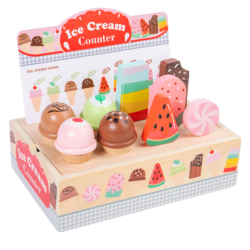 Juguete transfronterizo simulación de madera paso de niños tienda de helados venta de helados contador de conos venta de madera Item Picture