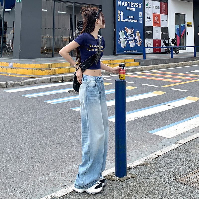Light blue jeans, women's washable retro straight-leg pants, women's summer design sense wide-leg pants, long pants, loose floor-length pants Specification image