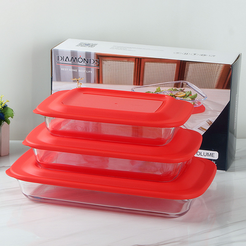 Wholesale of three-piece rectangular heat-resistant glass baking trays with LIDS for home kitchen steaming and roasting fish plates and tableware