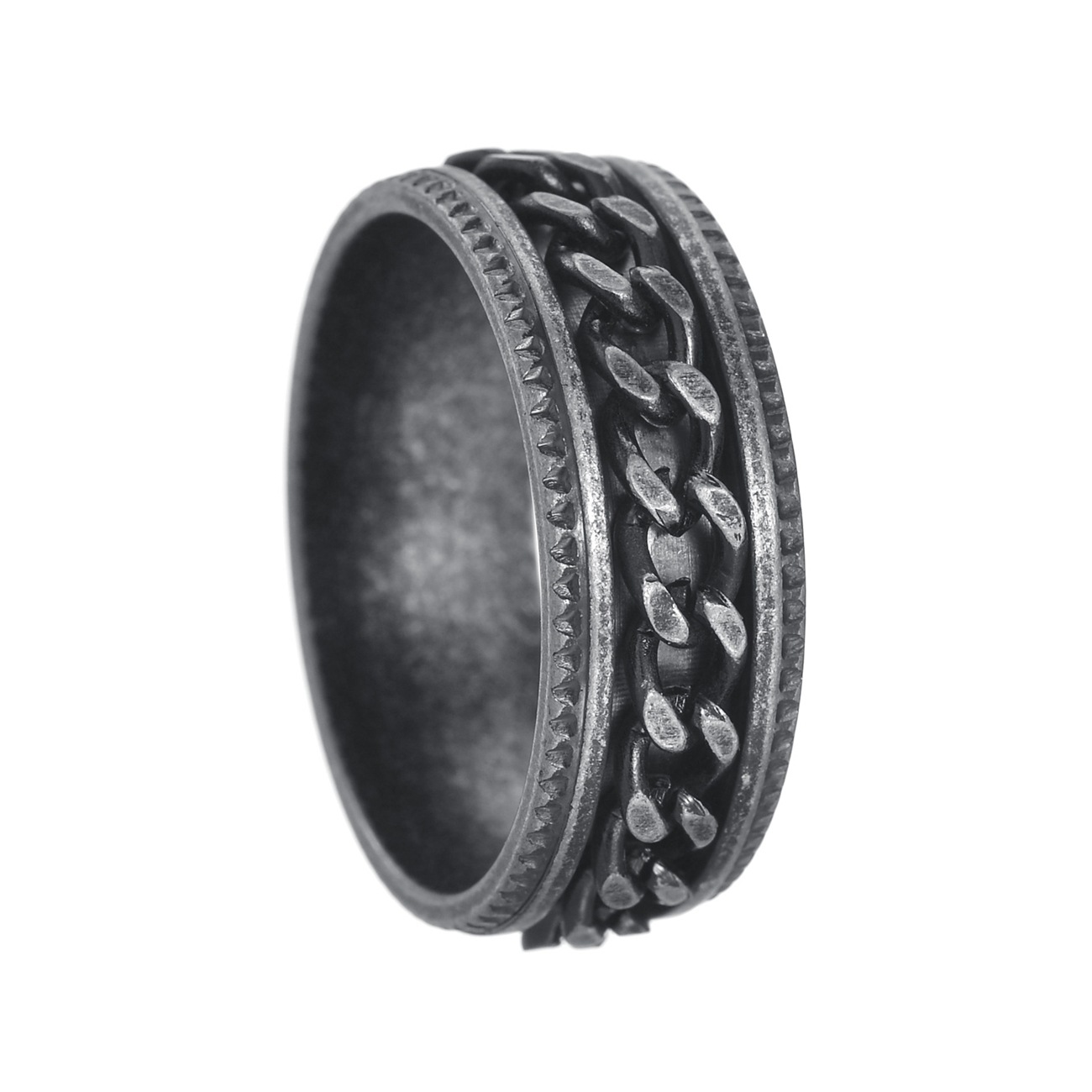 European and American retro style vintage silver 304 stainless steel embossed rotating chain ring, men's titanium steel jewelry Item Picture