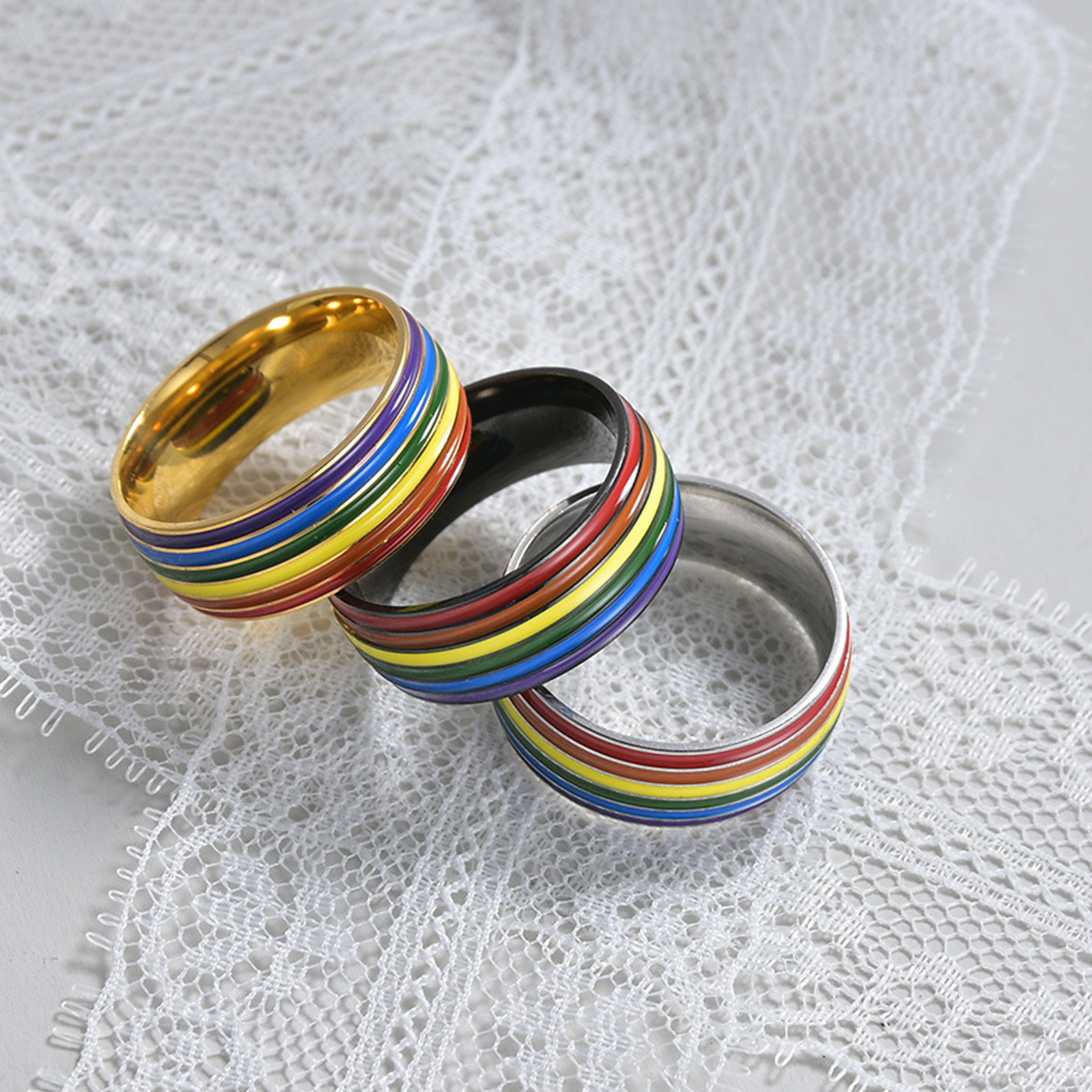 Wholesale of multi-color rainbow jewelry from cross-border factories in Europe and America, including rainbow rings, multi-color oil-drip rings, and titanium steel men's rings Specification image