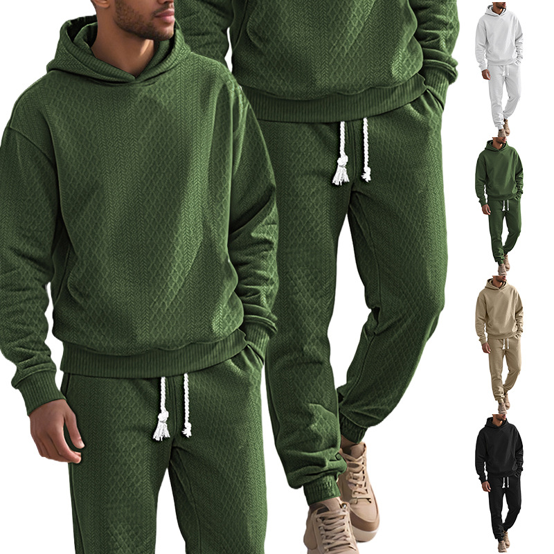 Cross-border TK European and American men's spring and autumn collection, loose, casual, sporty, long-sleeved and long-pants, large-sized jacquard hooded sweatshirt set
