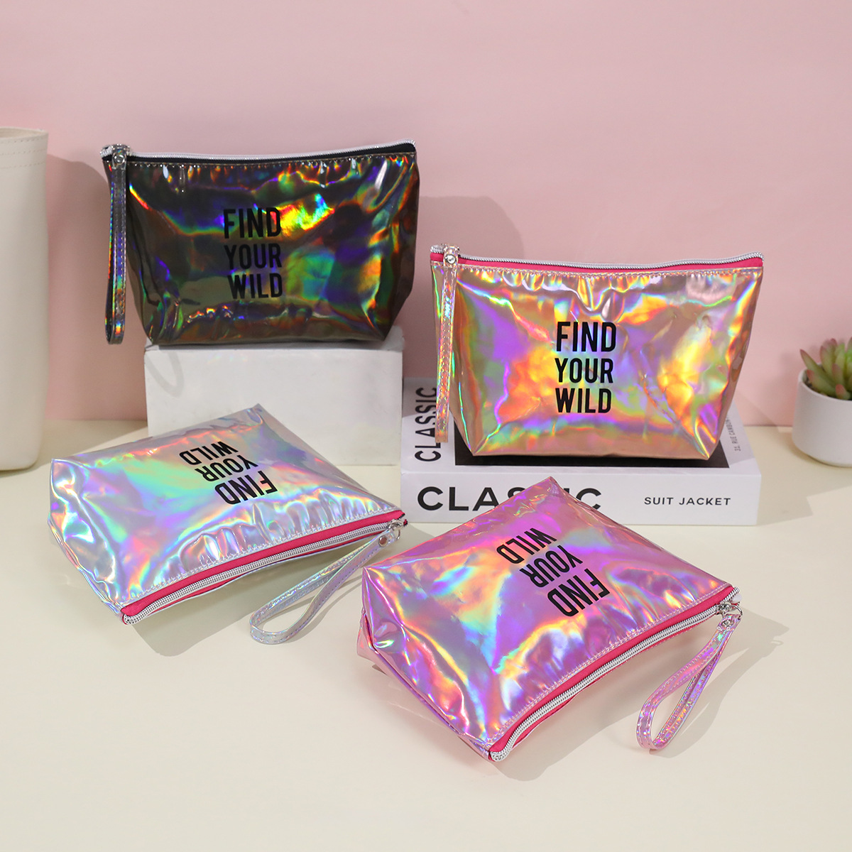 In-stock cross-border letter laser makeup bag, waterproof hand-held PU toiletry bag, large-capacity portable multi-functional storage bag Specification image