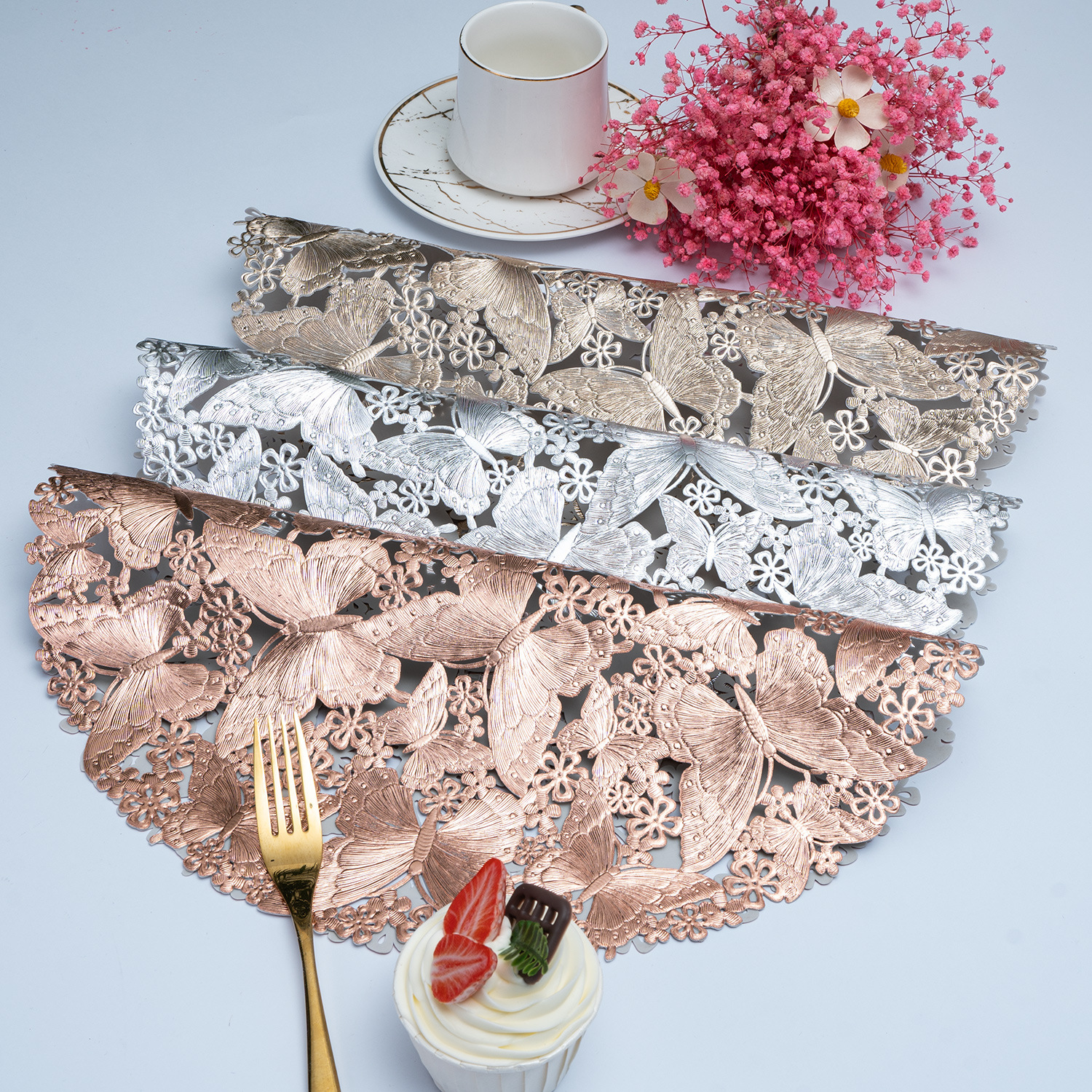 蝴蝶纹西餐垫PVC餐垫镂空烫金餐垫酒店隔热咖啡杯垫盘垫桌垫