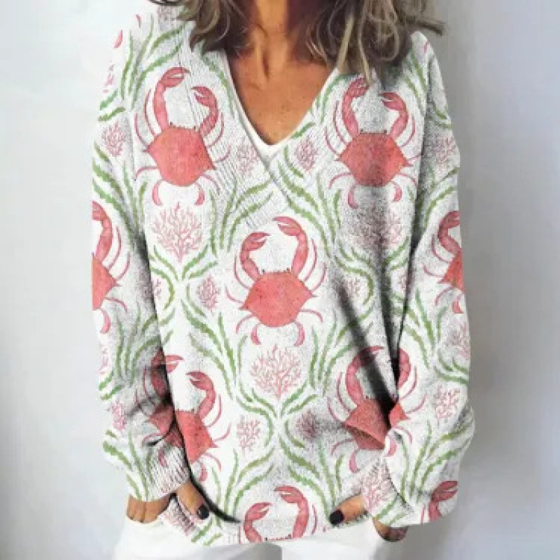 Independent station V-neck hoodie imitation sweater 300g autumn and winter ocean crab long-sleeved creative V-neck line sweater hoodie full figure