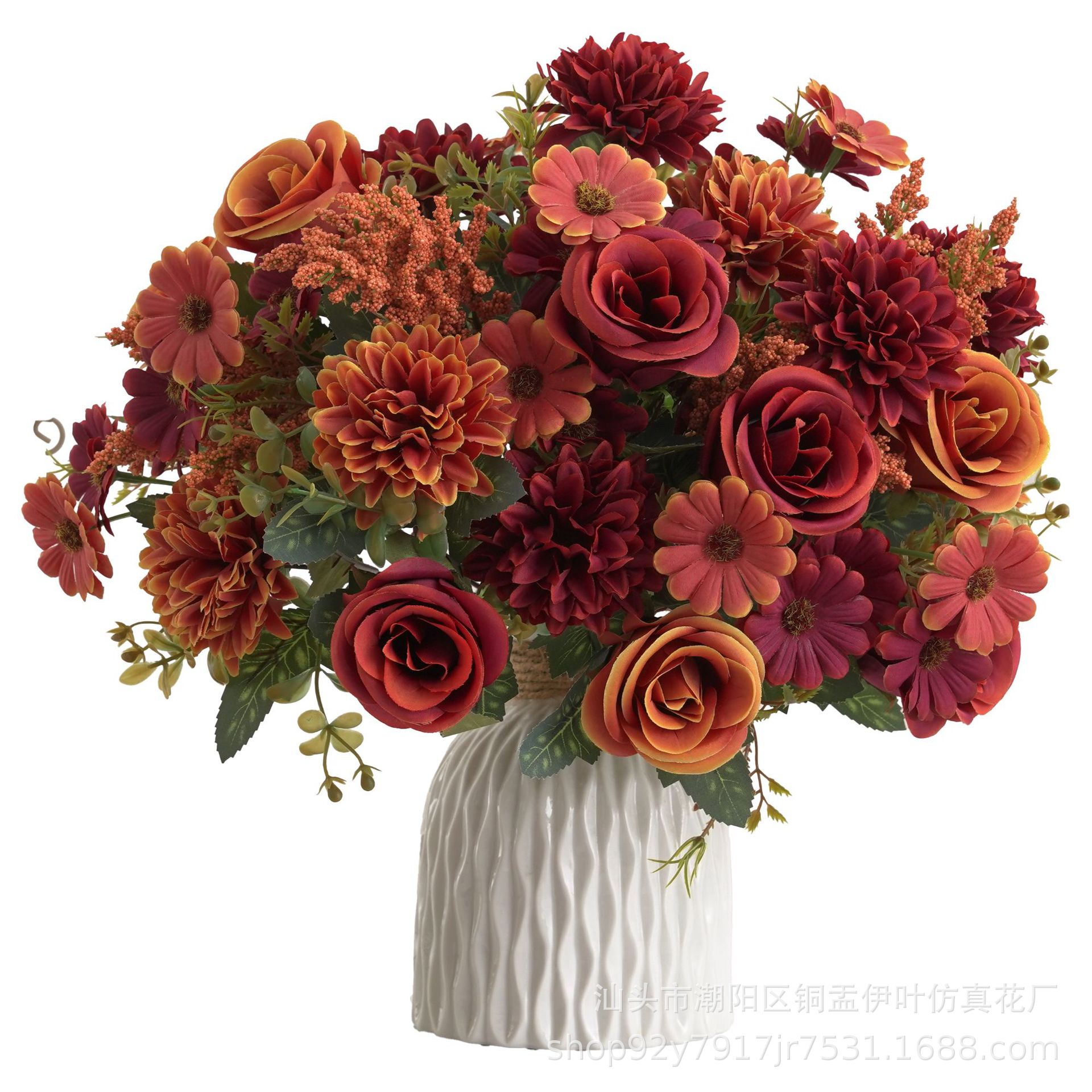 欧式仿真花假花7叉秋色玫瑰球菊手捧花绢花家居婚礼装饰花小把束