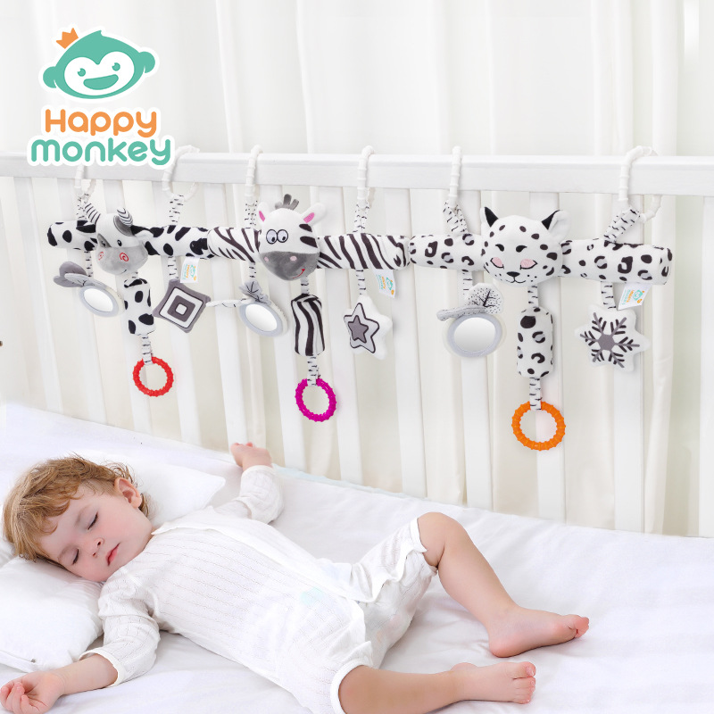 Happy monkey Visual Black and White Baby lathe crossbar hanger with wind chime tube sound paper mirror BB call manufacturer Specification image