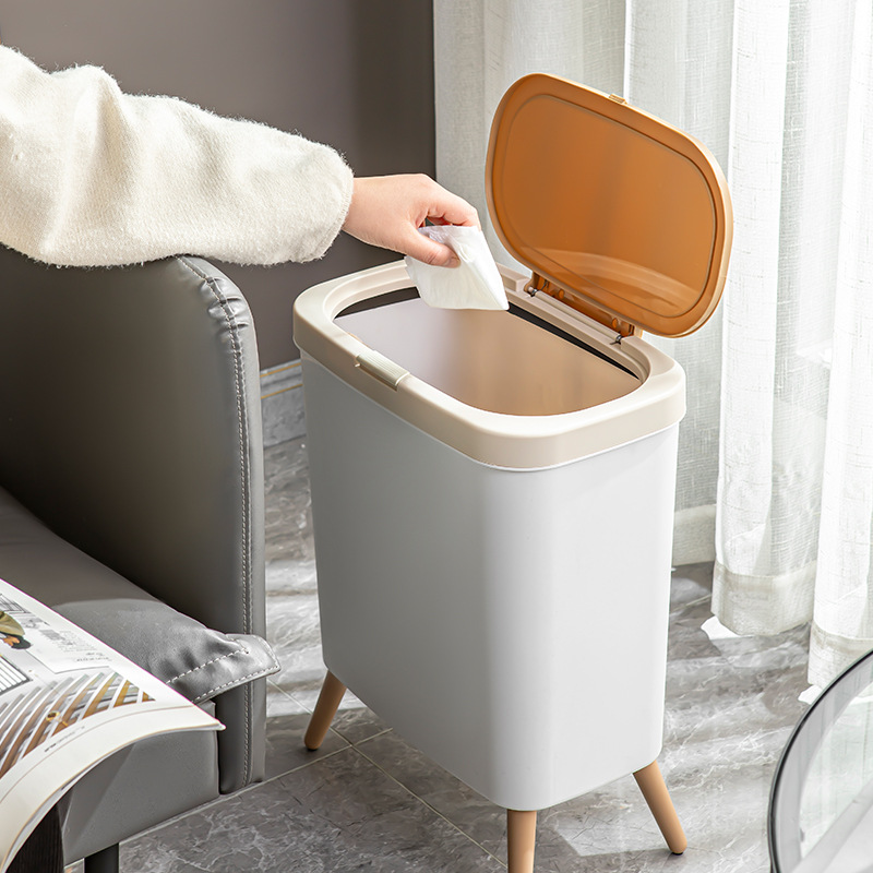 A new type of high-legged trash can for home use, featuring a light luxury and high-end design for the living room, bathroom and kitchen, with a no-bending press-type paper basket Specification image