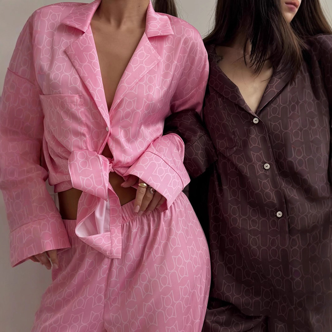 Brown satin comfortable and skin-friendly printed long-sleeved and long pants pajama set 2025 European and American autumn new home wear for women Specification drawing