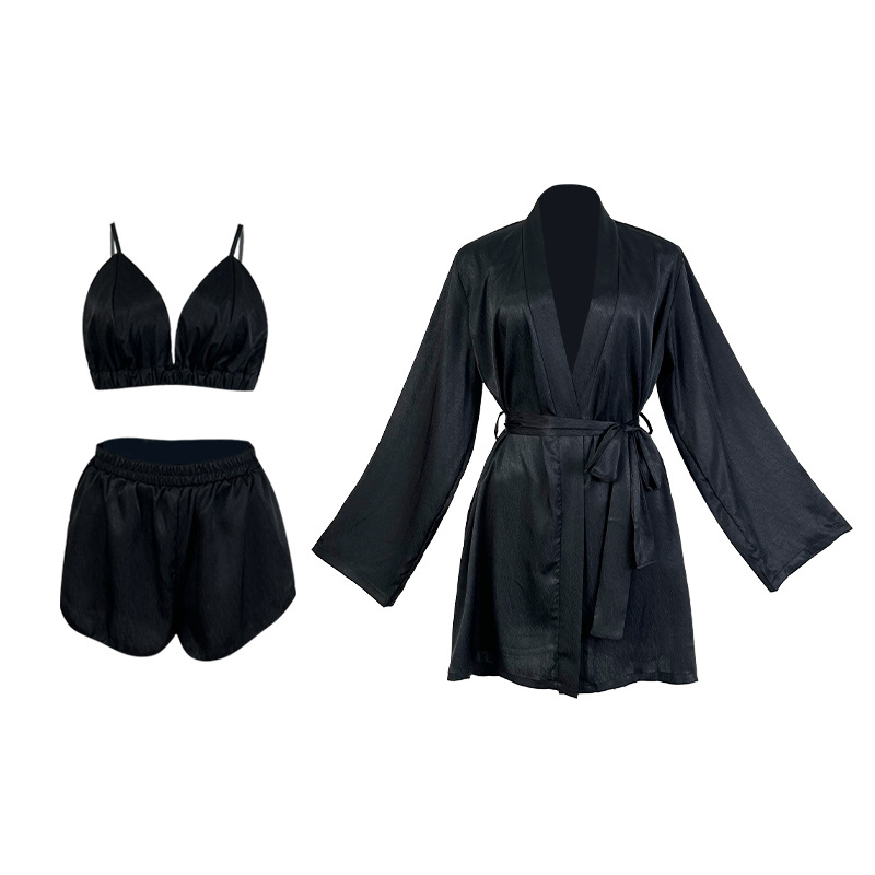 Retro herringbone pattern three-piece pajama, women's deep V underwear, shorts, bathrobe set, multi-color home wear 1110 Item Picture