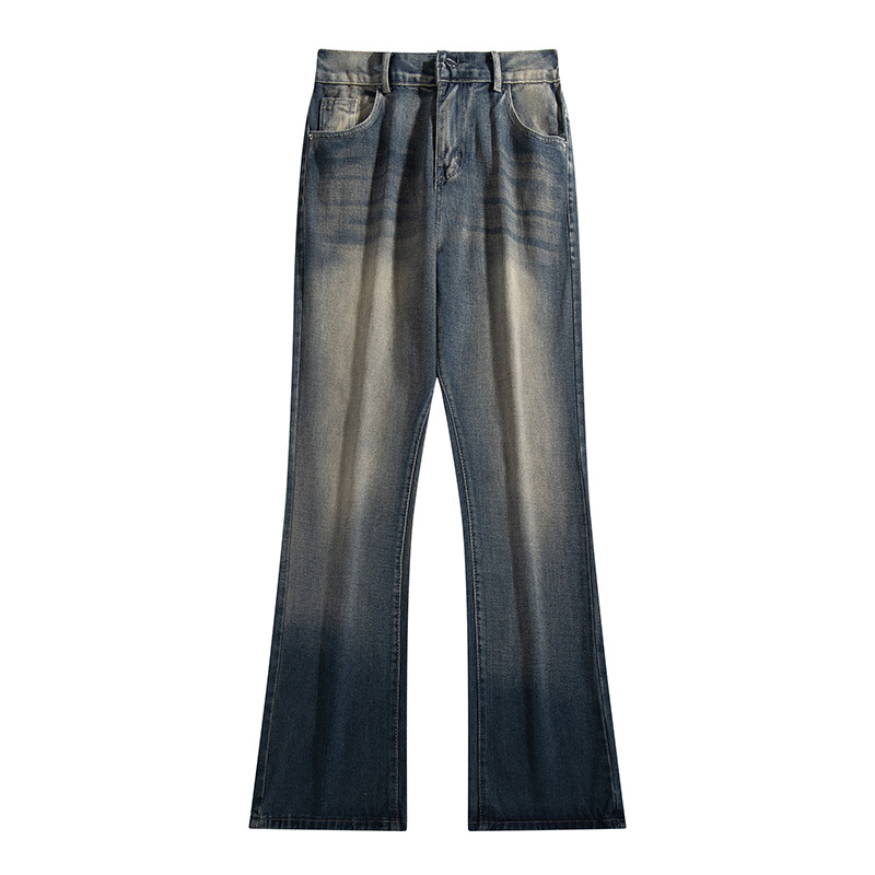 American high street washed dark blue jeans for men, winter ins fleece versatile wide-leg straight-leg pants, distressed slightly flared pants Item Picture
