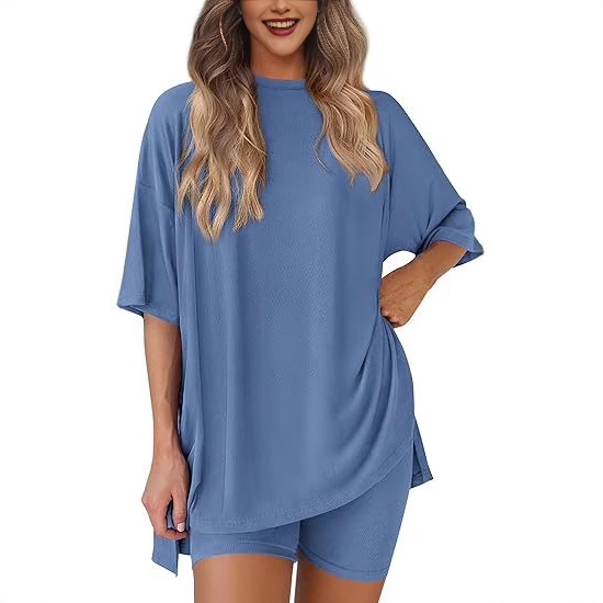 Cross-border trade Amazon 2025 New Women's casual round-neck split loose shorts short-sleeved home wear set Specification drawing