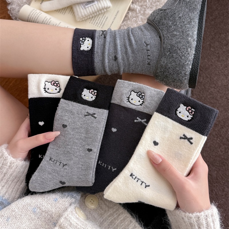 Wool and cashmere socks for women in autumn and winter, cute cartoon cat embroidered mid-calf socks, bow, warm and locking, pile socks details Picture