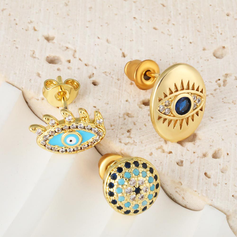 Honglu elegant and exquisite stud earrings, European and American fashion and individuality, zircon oil inlaid geometric Devil's Eye earrings wholesale Specification image