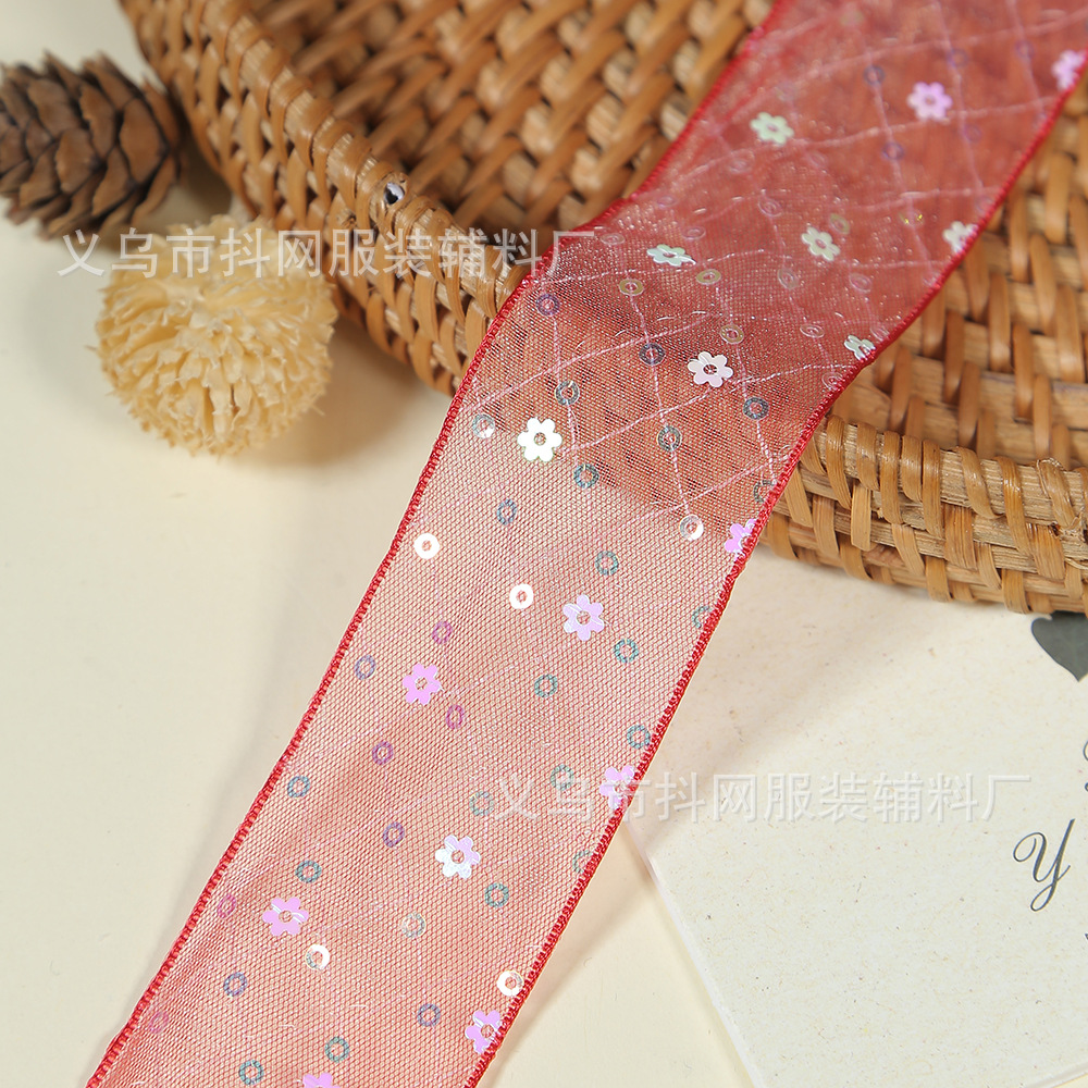 Wholesale of 4cm new grid-printed ribbon sequin children's hair accessory accessories, bow and flower packaging materials Item Picture