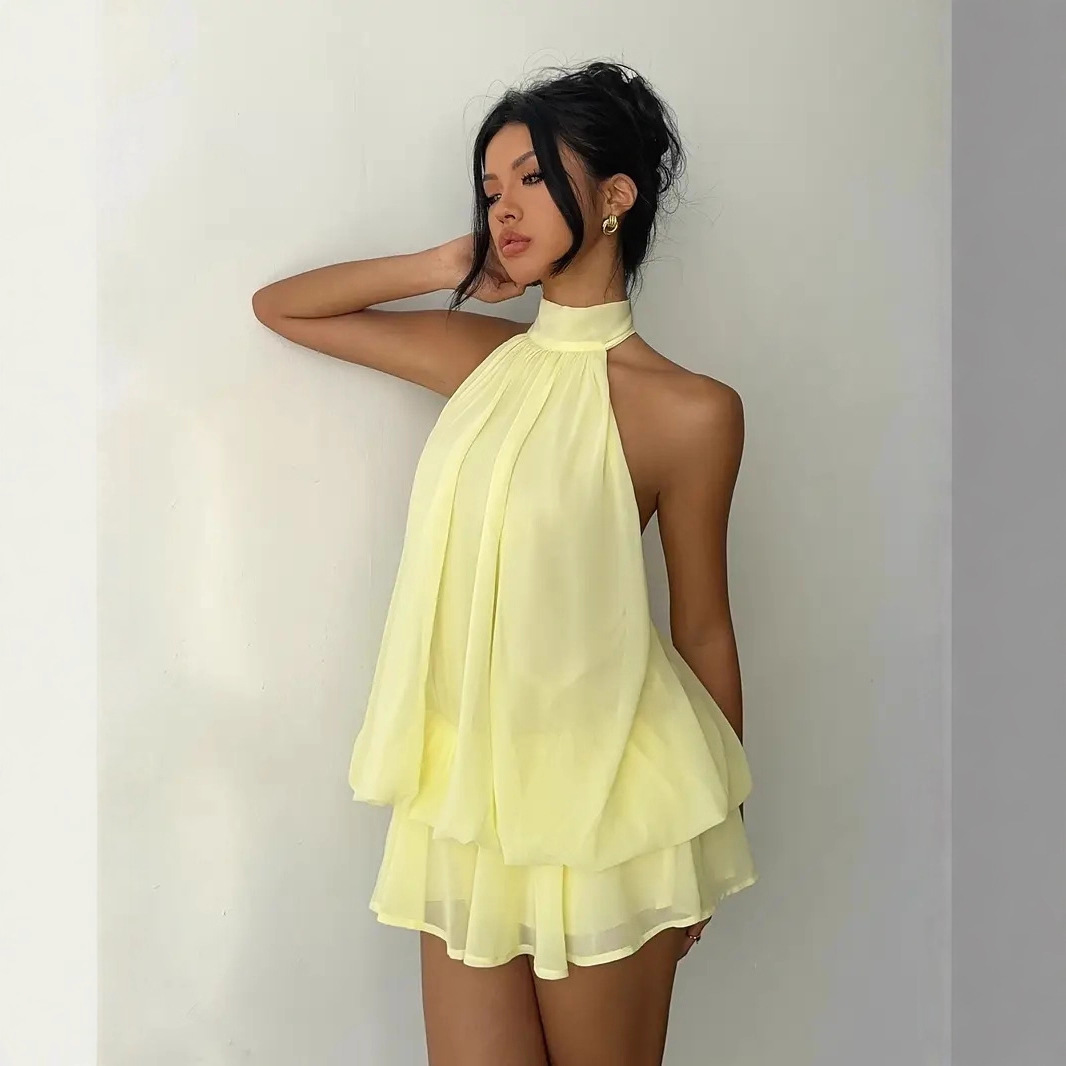 European and American cross-border women's clothing vacation, slimming, sexy, backless, halter, tie, cinched-waist top, puffy short skirt dress full figure