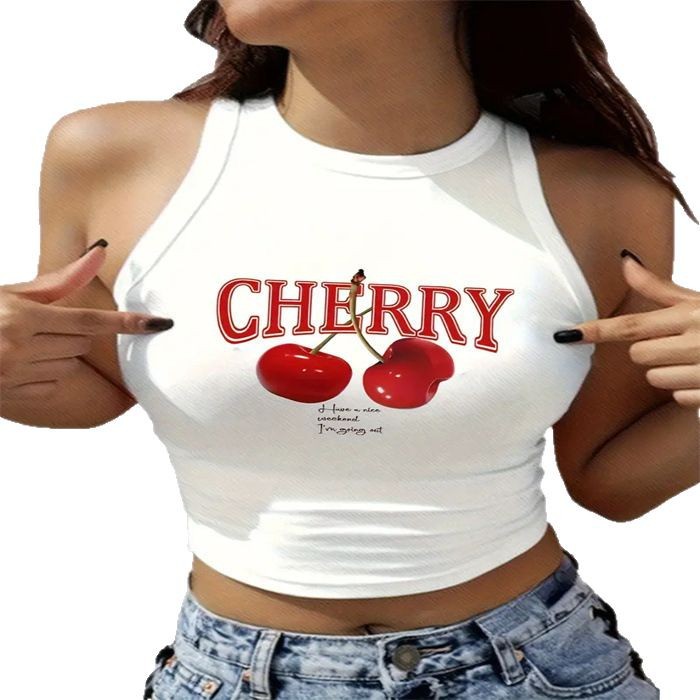 Cross-border new style European and American hot girl crop top, American sexy round neck halter sleeveless letter print top Item Picture