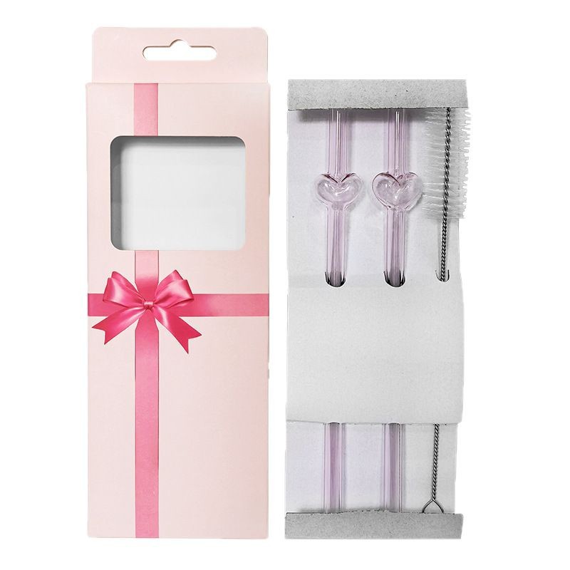 Glass straw set, high borosilicate heart-shaped pink blow-molded straw combination, Valentine's Day gift in stock wholesale Item Picture