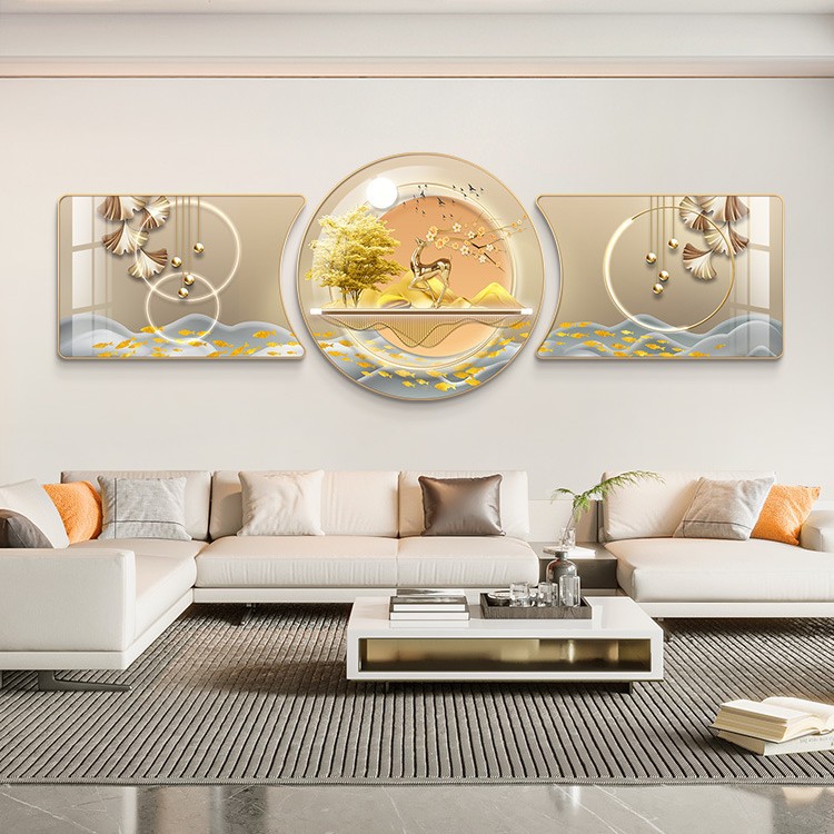 锦杏福禄轻奢客厅装饰画现代大气沙发背景墙挂画新款三联画寓意好
