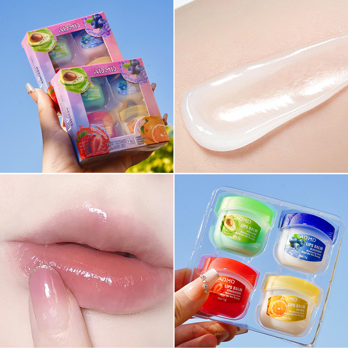 【 Cross-border Exclusive 】ADMD Lip Mask 4-piece Set Box Moisturizing, Hydrating and Exfoliating Fruit-flavored Lip Mask wholesale Application Scenario