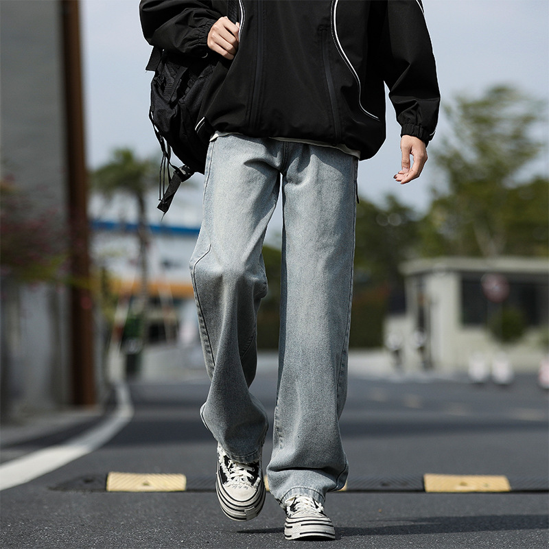 Retro washed jeans for men, spring and autumn trendy vibe loose straight-leg pants, high street wide-leg casual trousers Specification drawing
