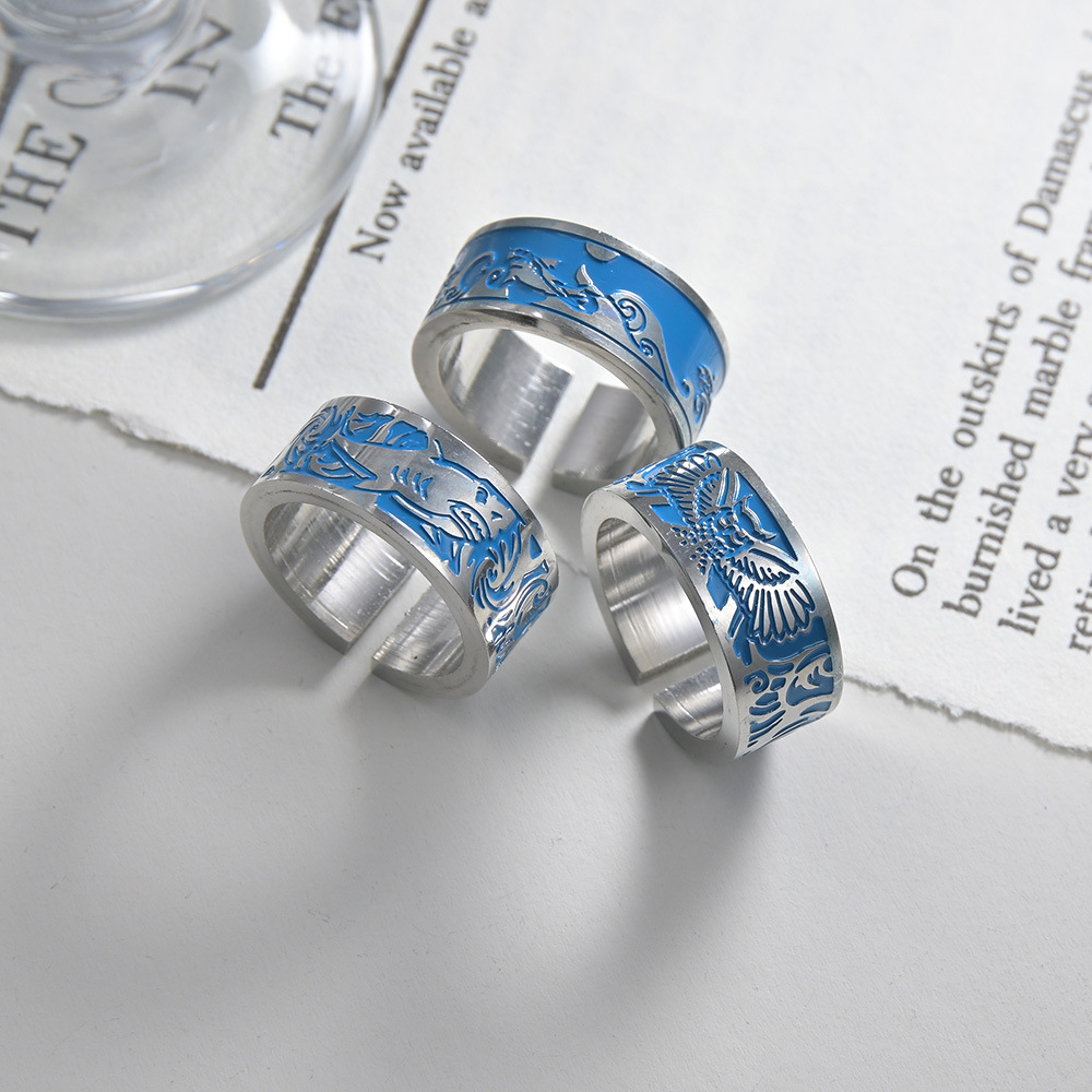 European and American cross-border men's open-mouth ring, owl accessory, big white shark ring, trendy men's titanium steel rings Specification image