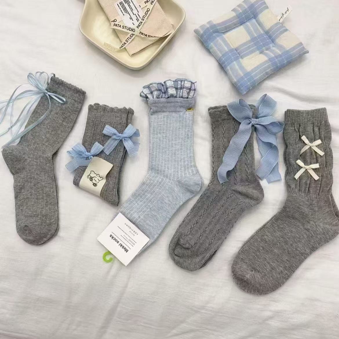 袜子女春夏日系JK风后跟蝴蝶结中筒堆堆袜萝莉花边百搭甜美少女袜