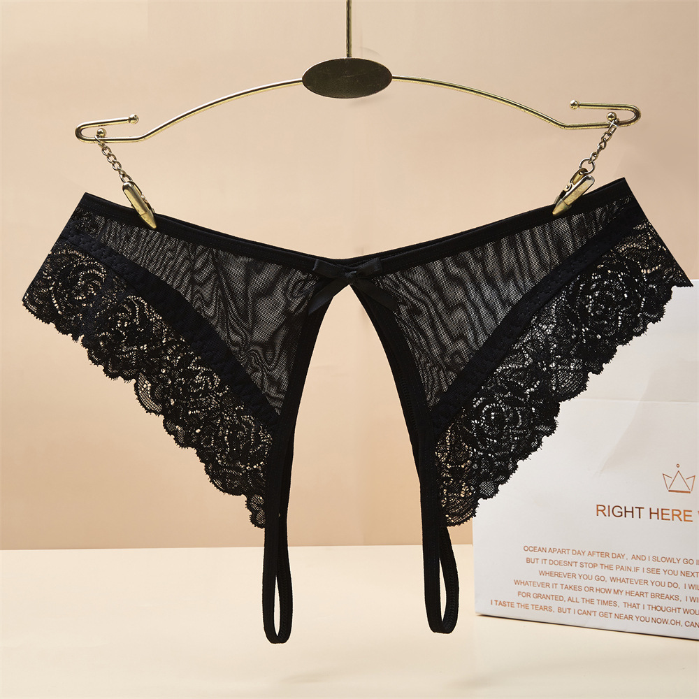 【 Customized 】 Best-selling sexy mesh lace women's underwear with bow and sexy open-crotch triangle pants