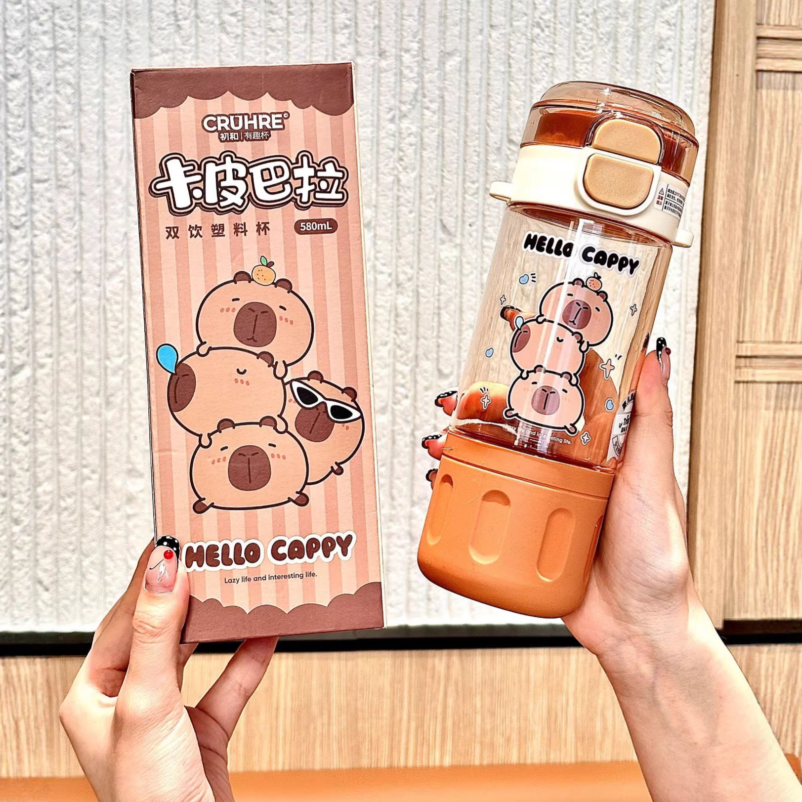 Capibala double-drinking plastic cup, convenient pop-up lid water cup, cartoon children's creative straw cup, girls' portable cup details Picture