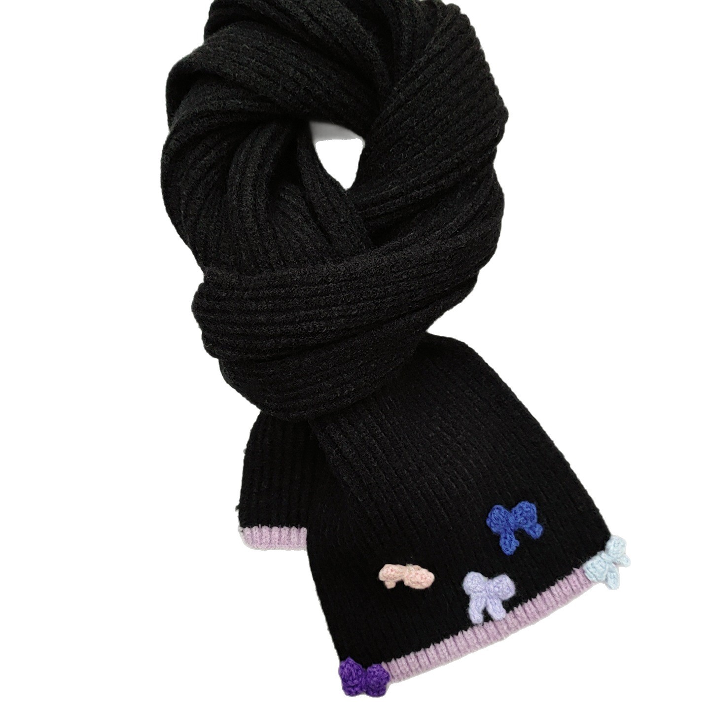 The new handcrafted bow knitted scarf for women in 2024 is a perfect match for winter. It features a contrasting color edge with wool for warmth and a student trend Item Picture